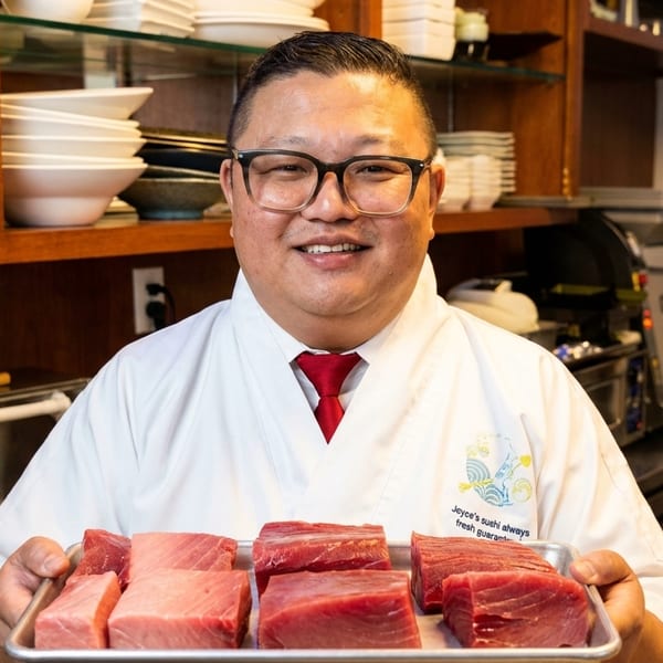 A smiling chef in a white coat and red tie holds a tray of fresh tuna fillets.