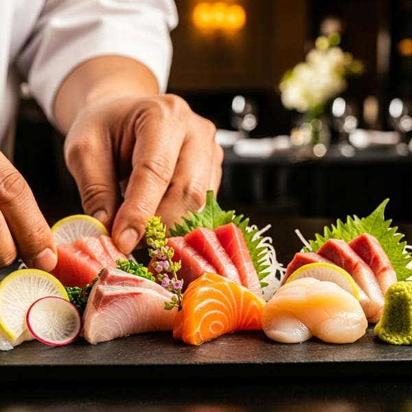 Chef's hands arranging a colorful platter of fresh sashimi and garnishes on a dark table.