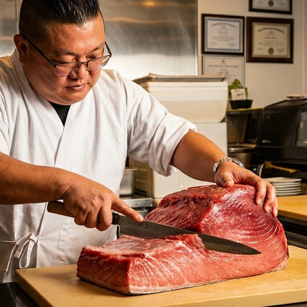 A chef in a white coat meticulously slices a large cut of fresh tuna on a wooden board.