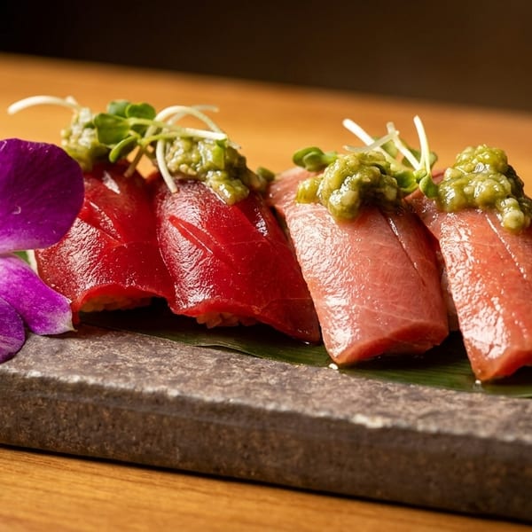 Four pieces of tuna sushi with green topping and a purple orchid on a stone plate.