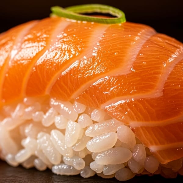 Close-up of a single salmon nigiri sushi with a thin green garnish on top.