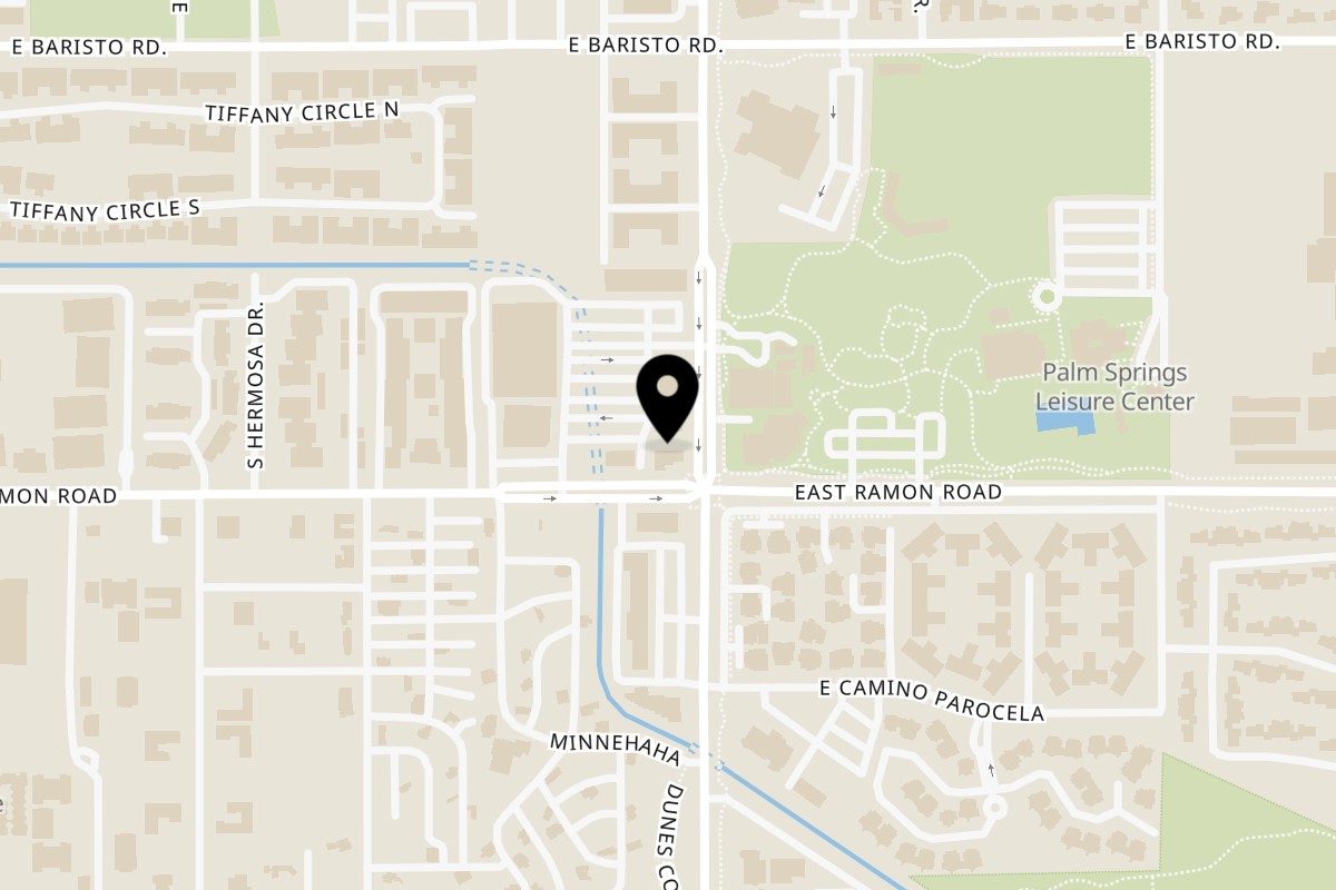 Map showing the location of Joyce's Sushi on 425 S Sunrise Way STE F2 in Palm Springs